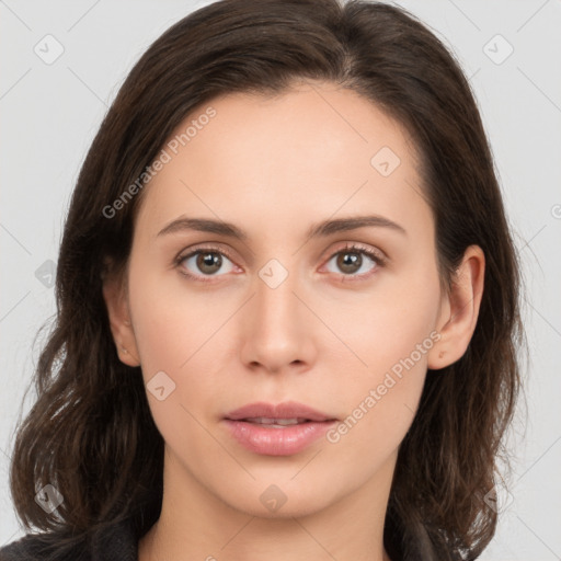 Neutral white young-adult female with medium  brown hair and brown eyes