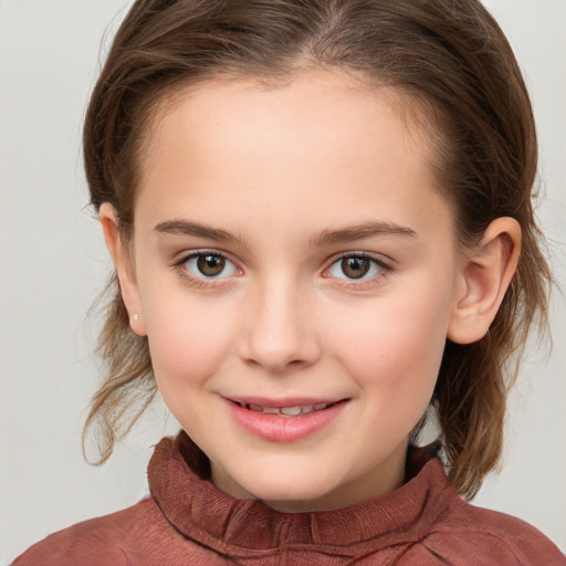 Joyful white child female with medium  brown hair and brown eyes