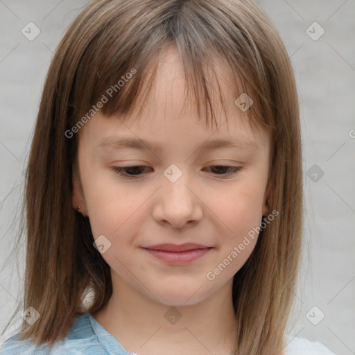 Joyful white child female with medium  brown hair and brown eyes