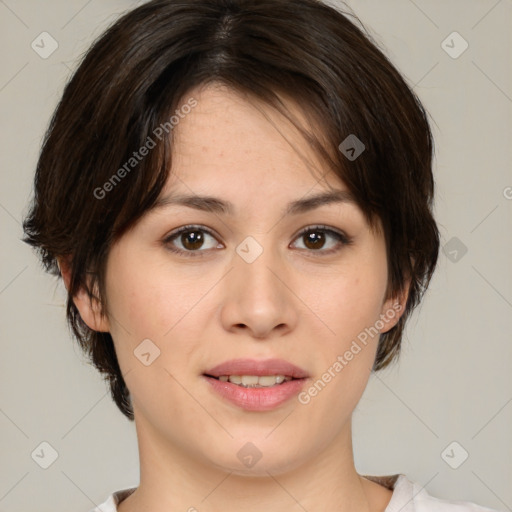 Joyful white young-adult female with medium  brown hair and brown eyes