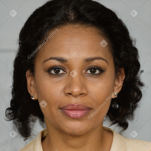 Joyful black adult female with medium  brown hair and brown eyes