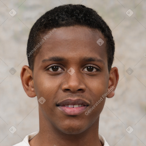 Joyful black young-adult male with short  brown hair and brown eyes