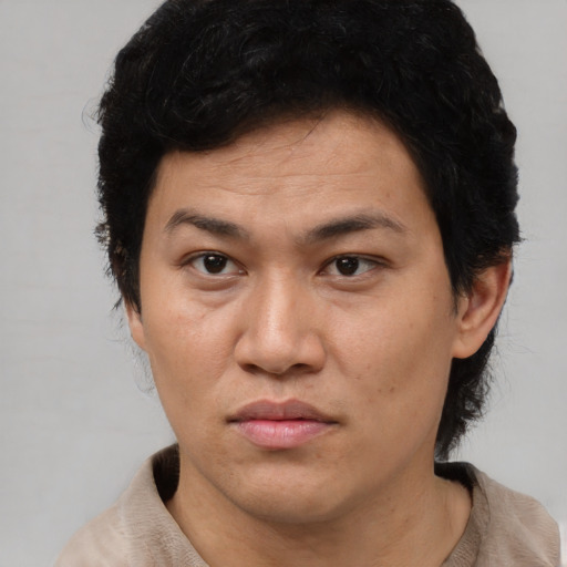 Neutral asian adult female with short  brown hair and brown eyes