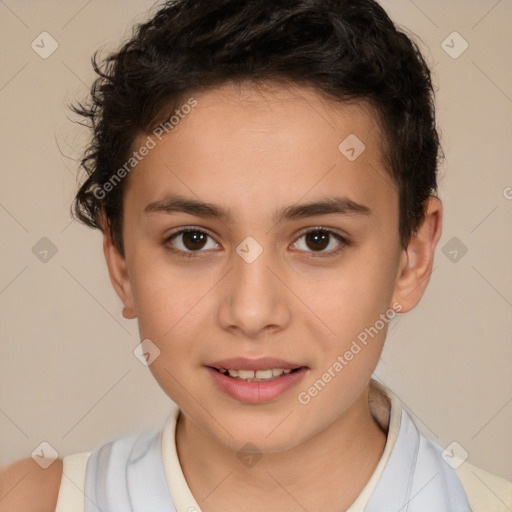 Joyful white child female with short  brown hair and brown eyes