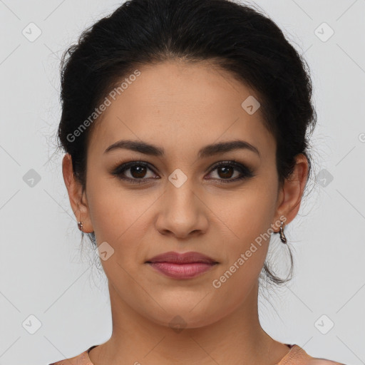 Joyful latino young-adult female with medium  brown hair and brown eyes