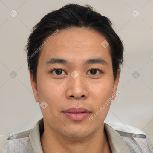 Neutral asian young-adult male with short  brown hair and brown eyes