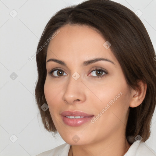 Neutral white young-adult female with medium  brown hair and brown eyes