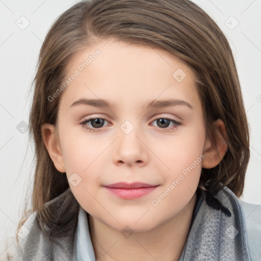 Joyful white child female with long  brown hair and brown eyes