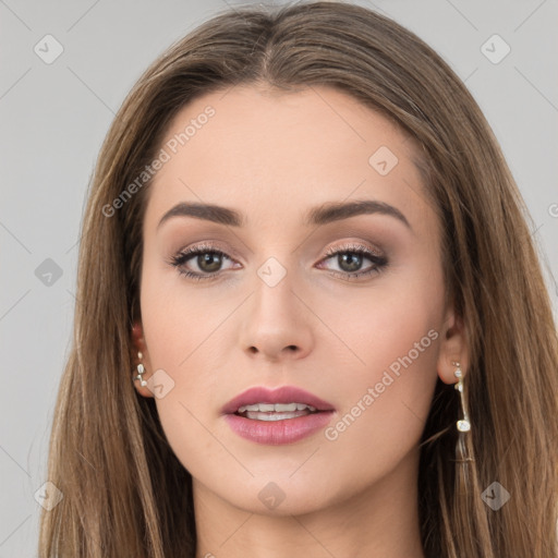 Neutral white young-adult female with long  brown hair and brown eyes