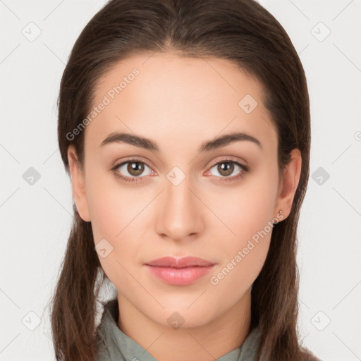 Neutral white young-adult female with long  brown hair and brown eyes