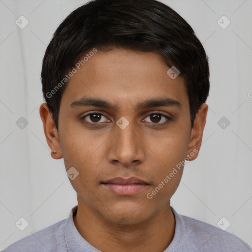 Neutral latino young-adult male with short  brown hair and brown eyes