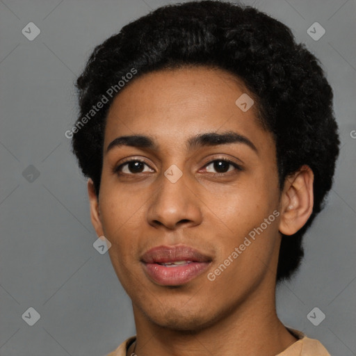 Joyful latino young-adult female with short  black hair and brown eyes