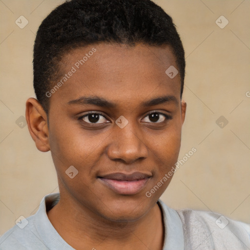 Joyful black young-adult male with short  brown hair and brown eyes