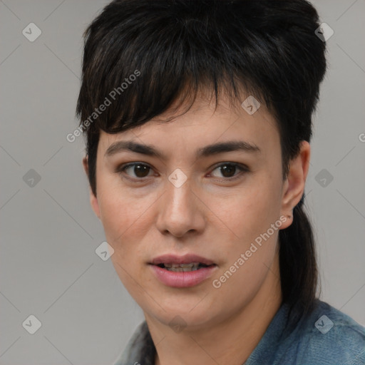 Joyful white young-adult female with medium  brown hair and brown eyes