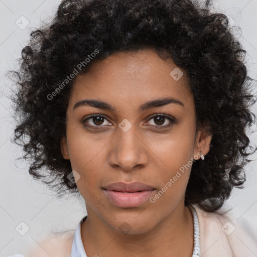 Neutral black young-adult female with medium  brown hair and brown eyes