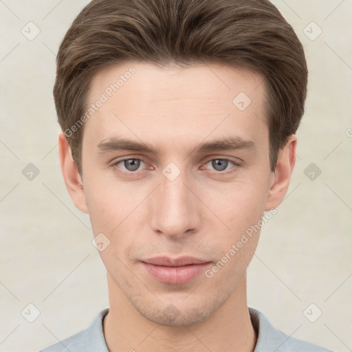 Neutral white young-adult male with short  brown hair and grey eyes