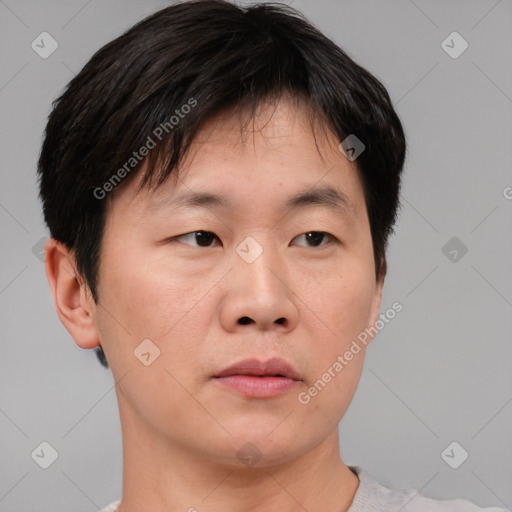 Neutral asian young-adult male with short  brown hair and brown eyes