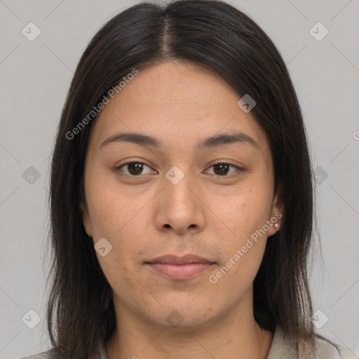 Neutral asian young-adult female with medium  brown hair and brown eyes