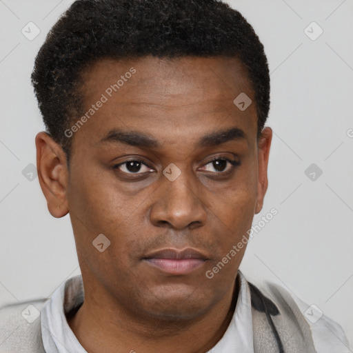 Neutral black young-adult male with short  black hair and brown eyes