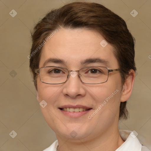 Joyful white adult female with short  brown hair and brown eyes