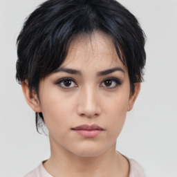 Neutral asian young-adult female with medium  black hair and brown eyes