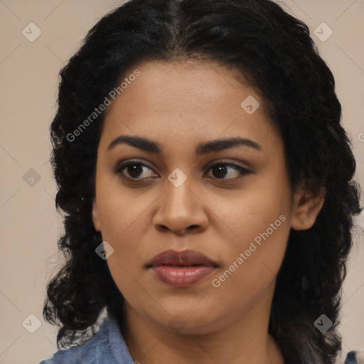 Joyful latino young-adult female with long  black hair and brown eyes