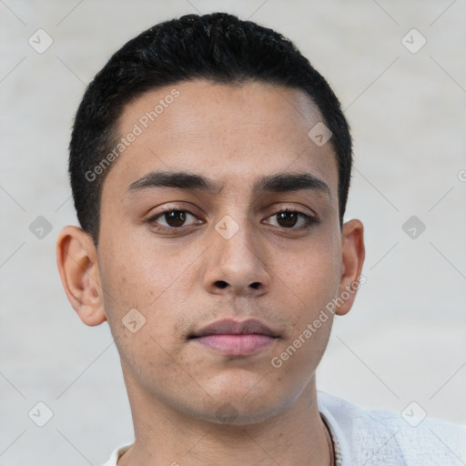 Neutral white young-adult male with short  brown hair and brown eyes