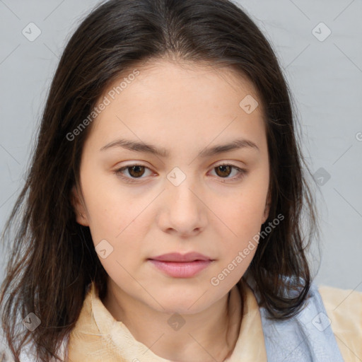 Neutral white young-adult female with medium  brown hair and brown eyes