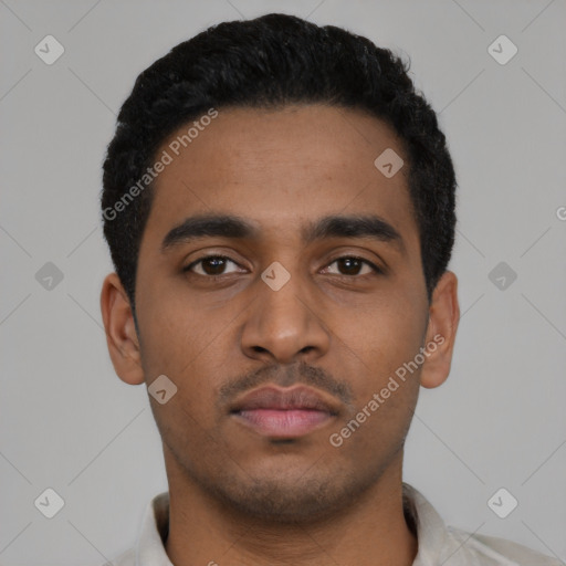 Neutral latino young-adult male with short  black hair and brown eyes