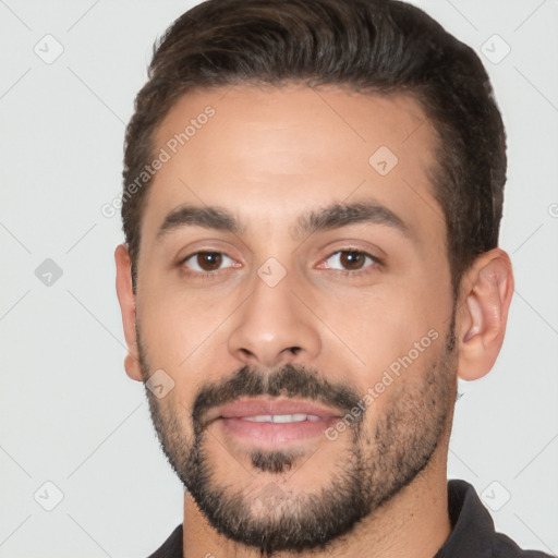Joyful white young-adult male with short  brown hair and brown eyes