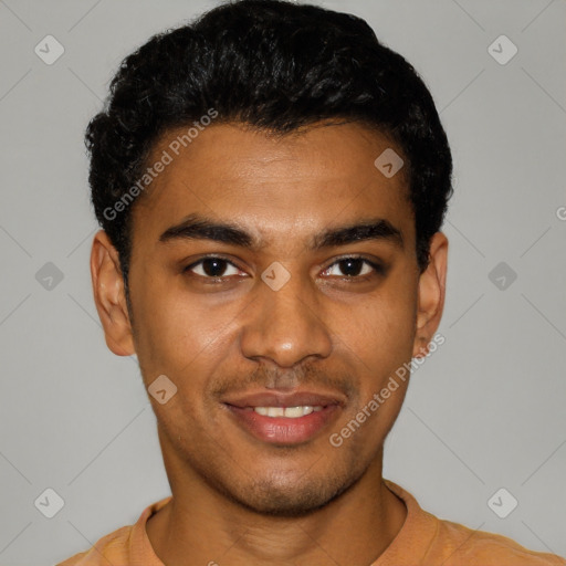 Joyful black young-adult male with short  black hair and brown eyes