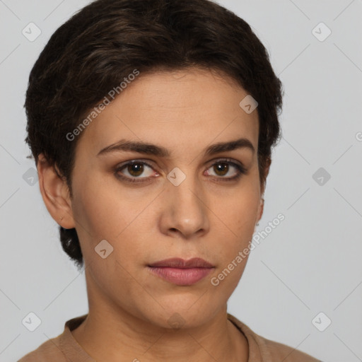 Neutral white young-adult female with short  brown hair and brown eyes