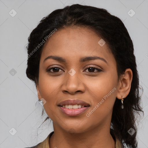 Joyful latino young-adult female with long  black hair and brown eyes