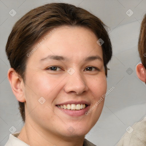 Joyful white young-adult female with medium  brown hair and brown eyes