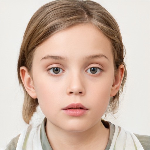 Neutral white child female with medium  brown hair and grey eyes