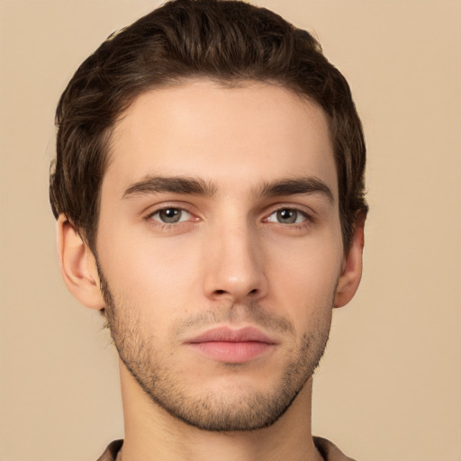 Neutral white young-adult male with short  brown hair and brown eyes