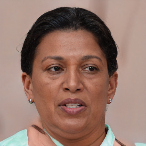 Joyful latino adult female with short  brown hair and brown eyes