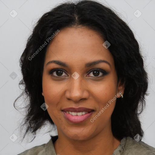 Joyful black young-adult female with medium  brown hair and brown eyes