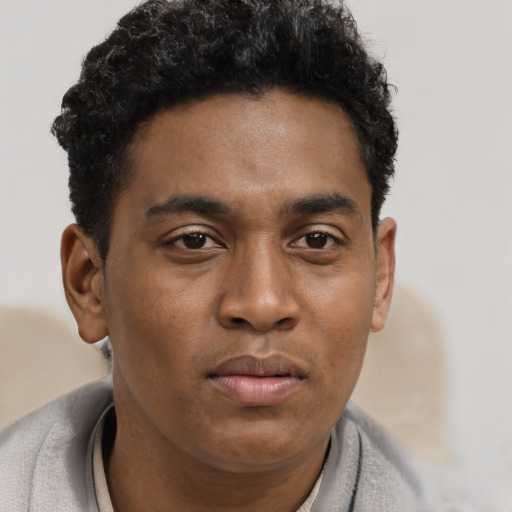 Neutral black young-adult male with short  brown hair and brown eyes