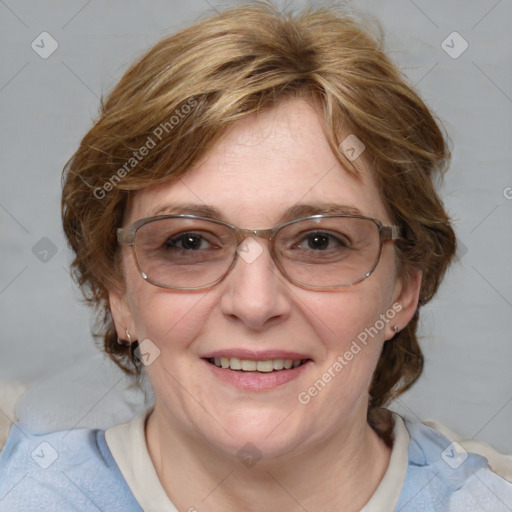 Joyful white adult female with medium  brown hair and blue eyes