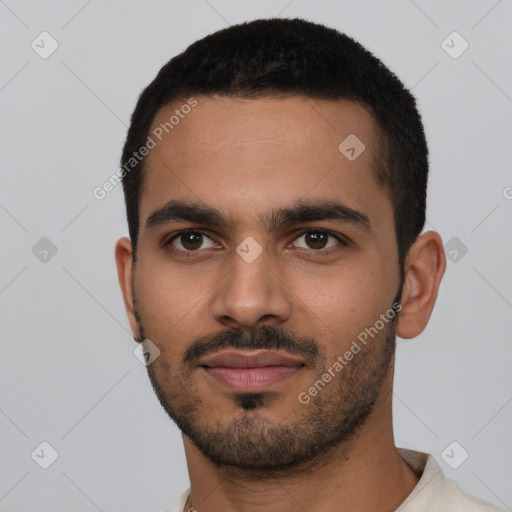 Neutral latino young-adult male with short  black hair and brown eyes
