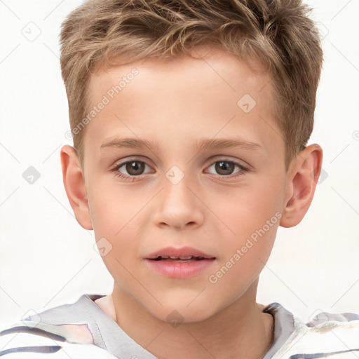 Joyful white child male with short  brown hair and brown eyes