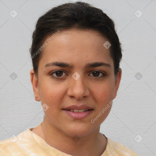 Joyful white young-adult female with short  brown hair and brown eyes