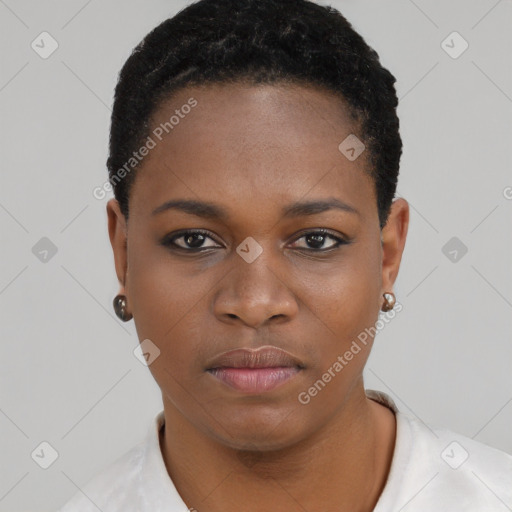 Neutral black young-adult female with short  black hair and brown eyes