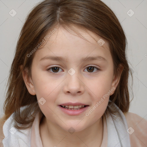 Joyful white child female with medium  brown hair and brown eyes