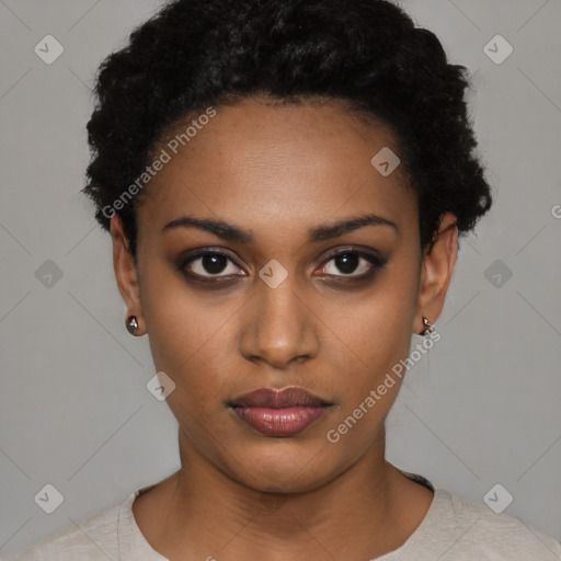 Neutral black young-adult female with short  black hair and brown eyes