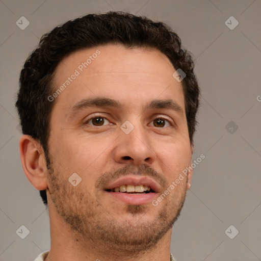 Neutral white young-adult male with short  brown hair and brown eyes