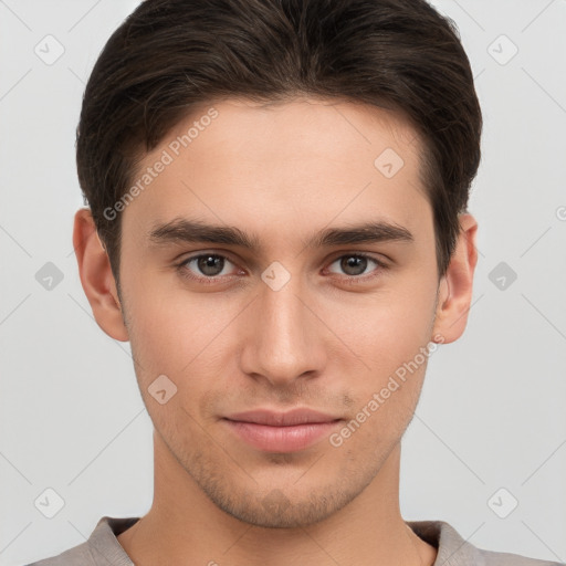 Neutral white young-adult male with short  brown hair and brown eyes