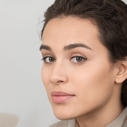 Neutral white young-adult female with medium  brown hair and brown eyes