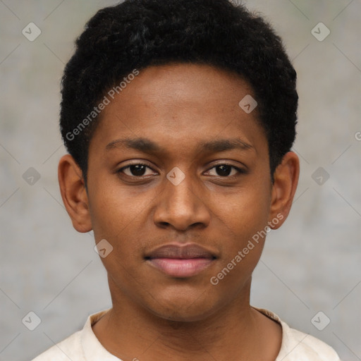 Joyful latino young-adult female with short  black hair and brown eyes